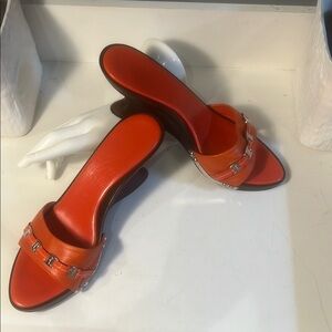 Salvatore Ferragamo Orange Mules with Silver Accents